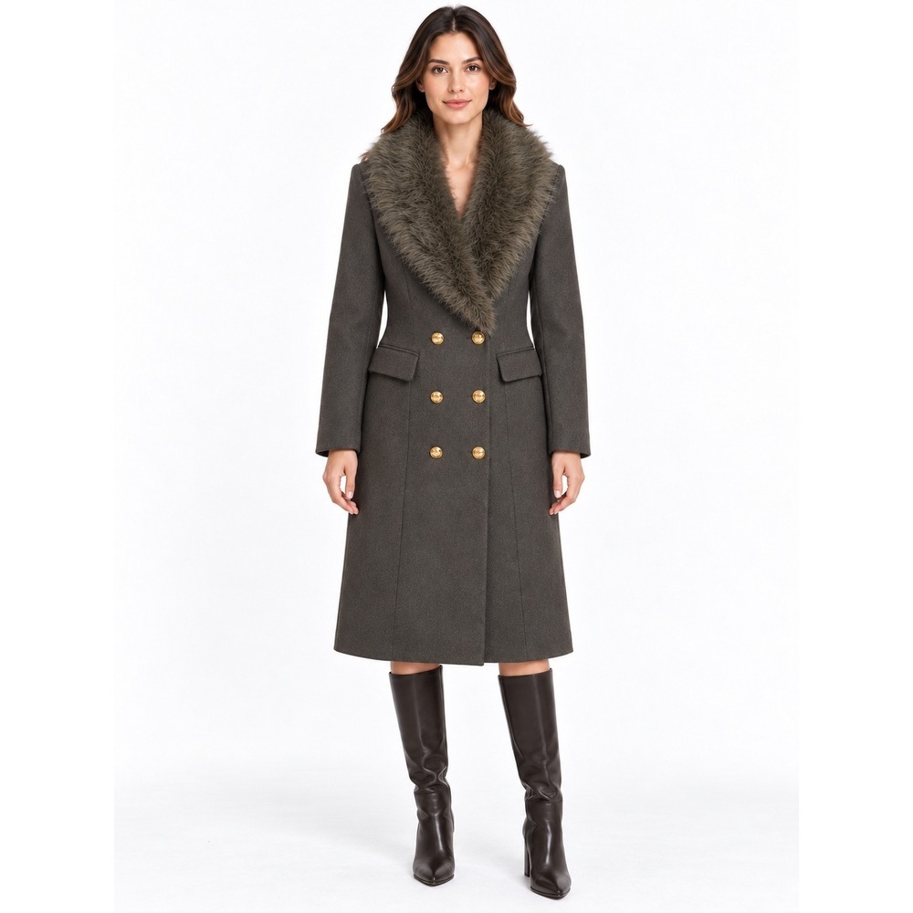 NWT n:PHILANTHROPY Gray Faux Fur Collar Double Breasted Long Coat Size L